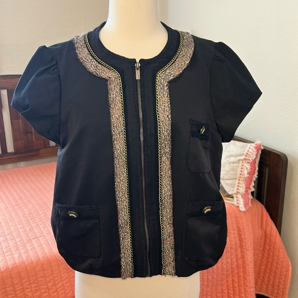 BCBG MaxAzria Jacket Chain Tweed Trim Ballon Hem and Cap Sleeve size Large - Picture 2 of 15